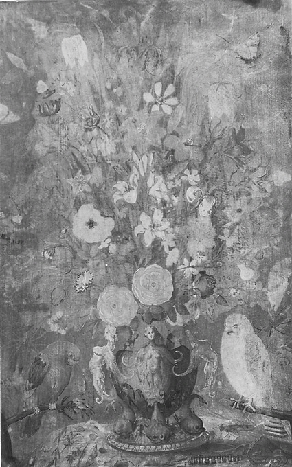 Stilleben med blomstervas och två fåglar