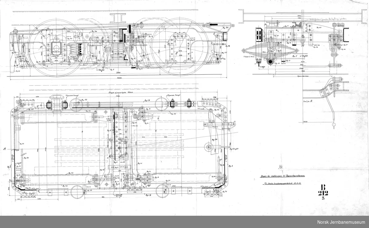 Tegning av motorbogievogn for Thamshavnbanen.
B212-1 hovedtegning
B212-2 understilling
B212-3 boggie
B212-4 endeplattform A
B212-5 endeplattform B
B212-12 bunnramme