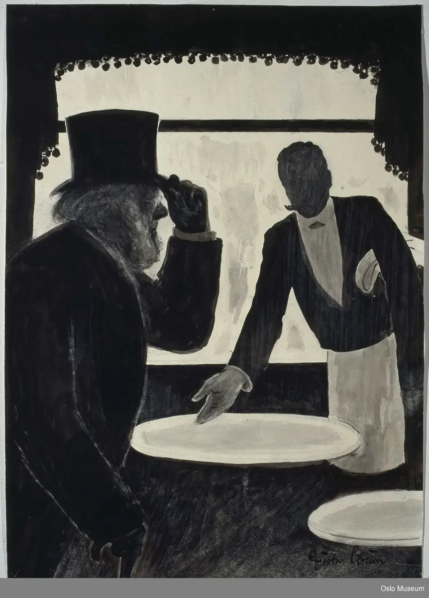 karikatur, mann, kelner
Høyre profil, hilser til hatten, inne på kafe.