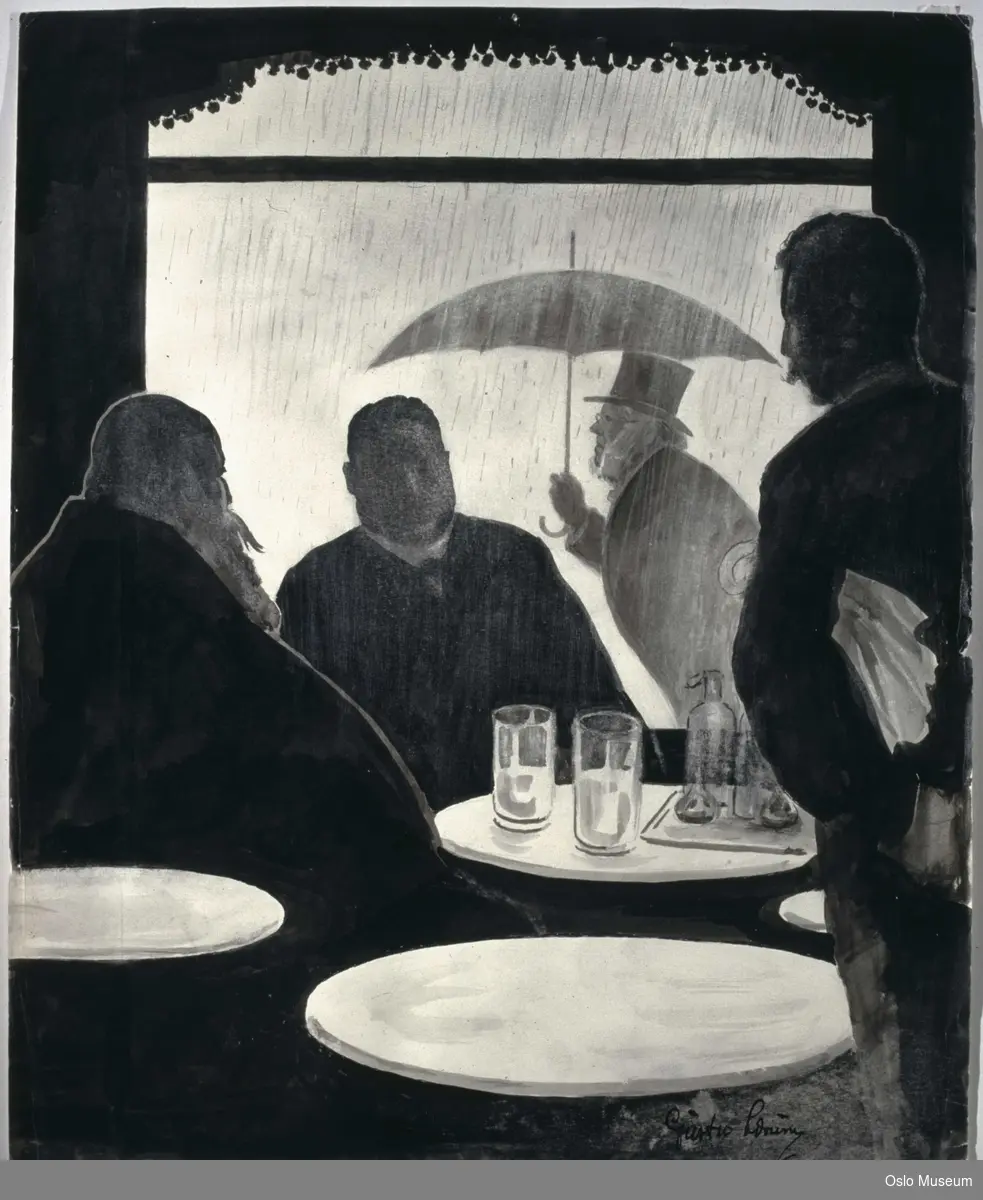 karikatur, menn, sittende ved restaurantbord, glass/seidel på bord, utenfor mann med paraply.