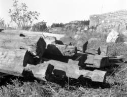 Foto fra noen av stabbursstokkene til Flyumstabburet som tas