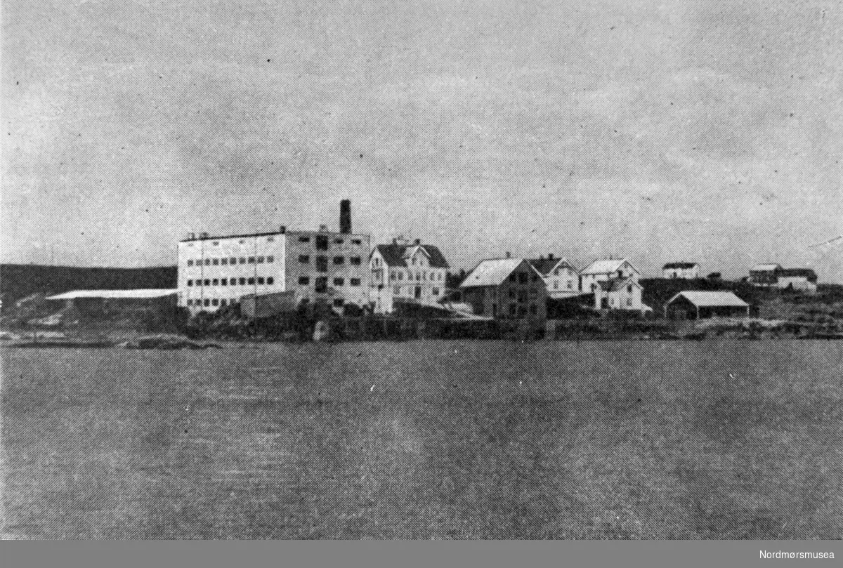 Gammelfabrikken på Nordvik sett fra sjøen. Fabrikken brant ned i 1935 og en ny og større fabrikk stod ferdig i 1937. Fra Nordmøre Museums fotosamlinger.



