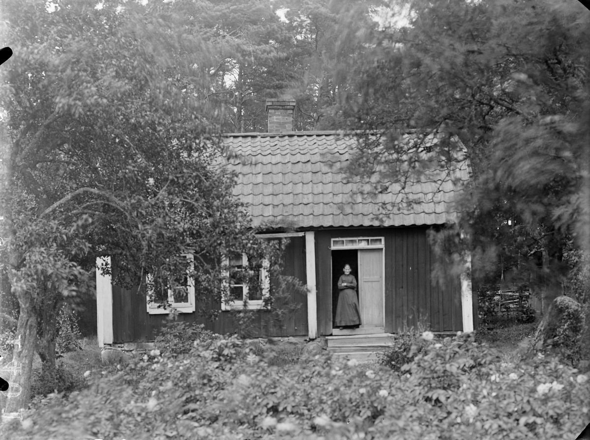 "Gumman Lindkvist, Mälby, Altuna på trappan till sin stuga", Uppland 1919
