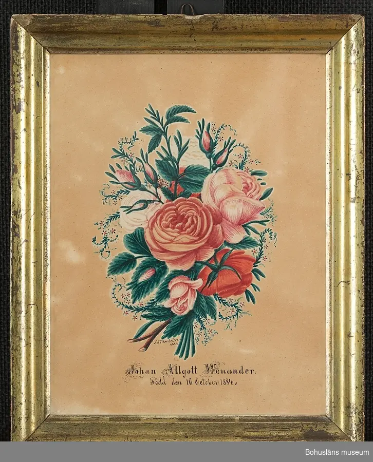 Minnestavla med målad rosenbukett i akvarell med text under i svart tusch: "Johan Algott Wenander född den 16 october 1884." och sign. strax under buketten av J.A. Thorkelsson 1890. Guldlistramad.