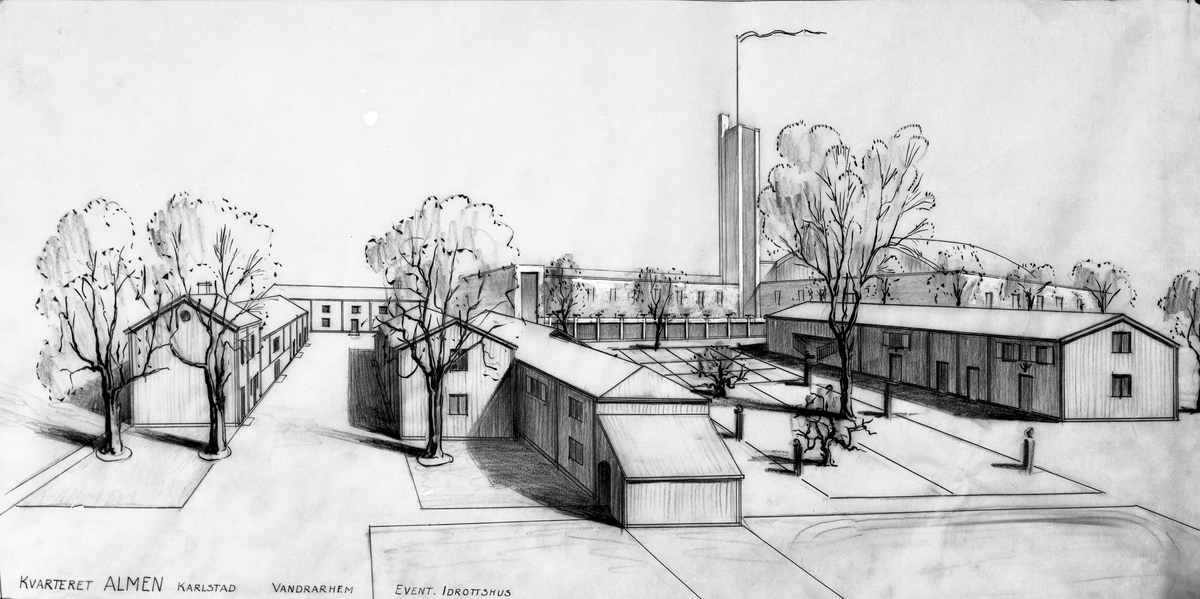Plan för ombyggnad av kvarteret Almen skapad av värmlandsbördige arkitekten Ernst Spolén år 1939.