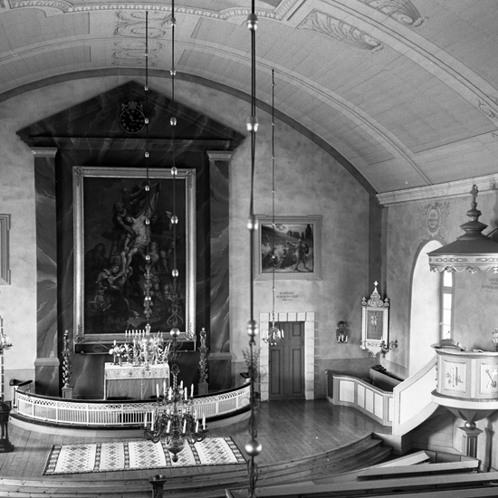 Väckelsångs kyrka, interiör från orgelläktaren. 1964.