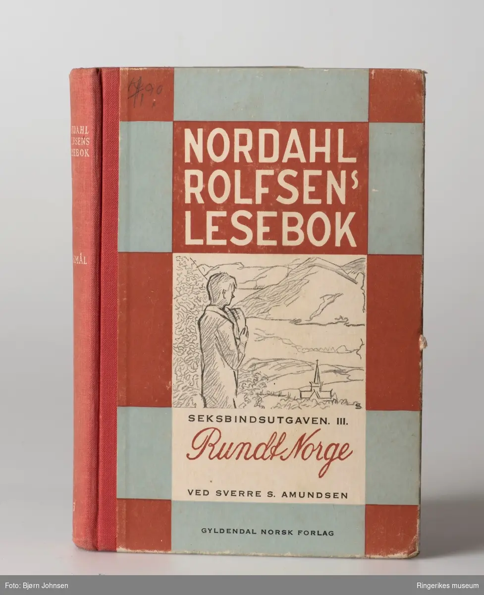 To lesebøker har bilder av barn, Nordal Rolfsens lesebok -1914, har en bred bord , den yngre utgaven - mann som skuer over et landskap