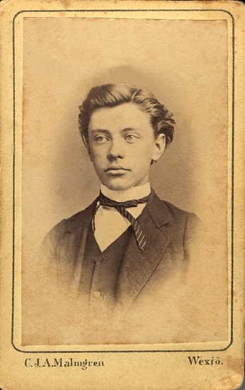 Porträtt (bröstbild, halvprofil) av en ung man i kostym med stärkkrage och randig fluga.