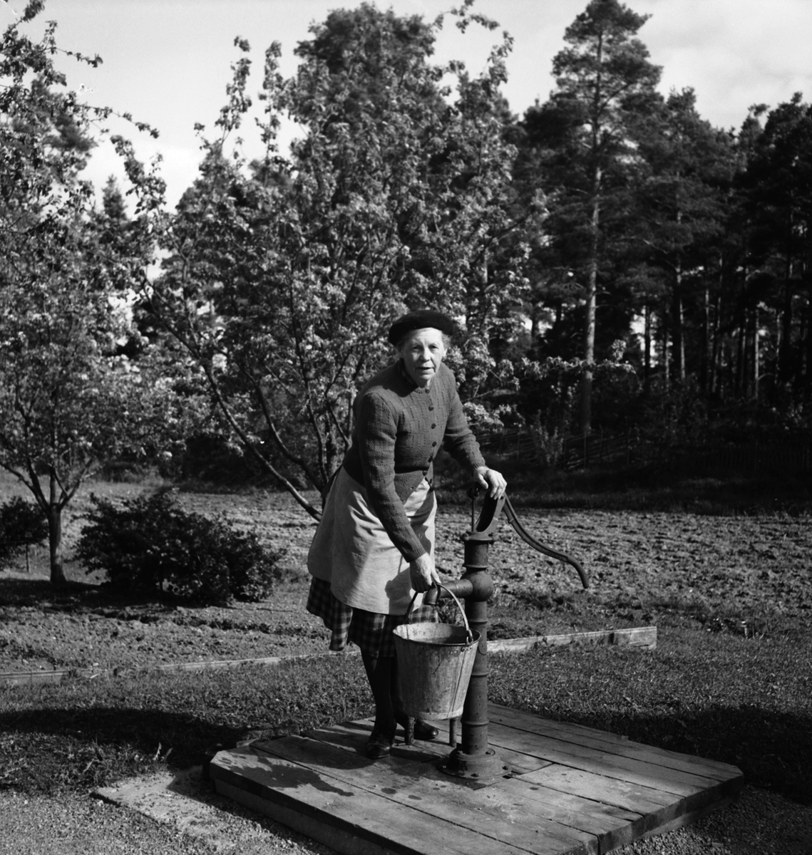 Hemlingby vattenledningsfrågan. Fru Vallin vid pumpen. Den 31 maj 1950