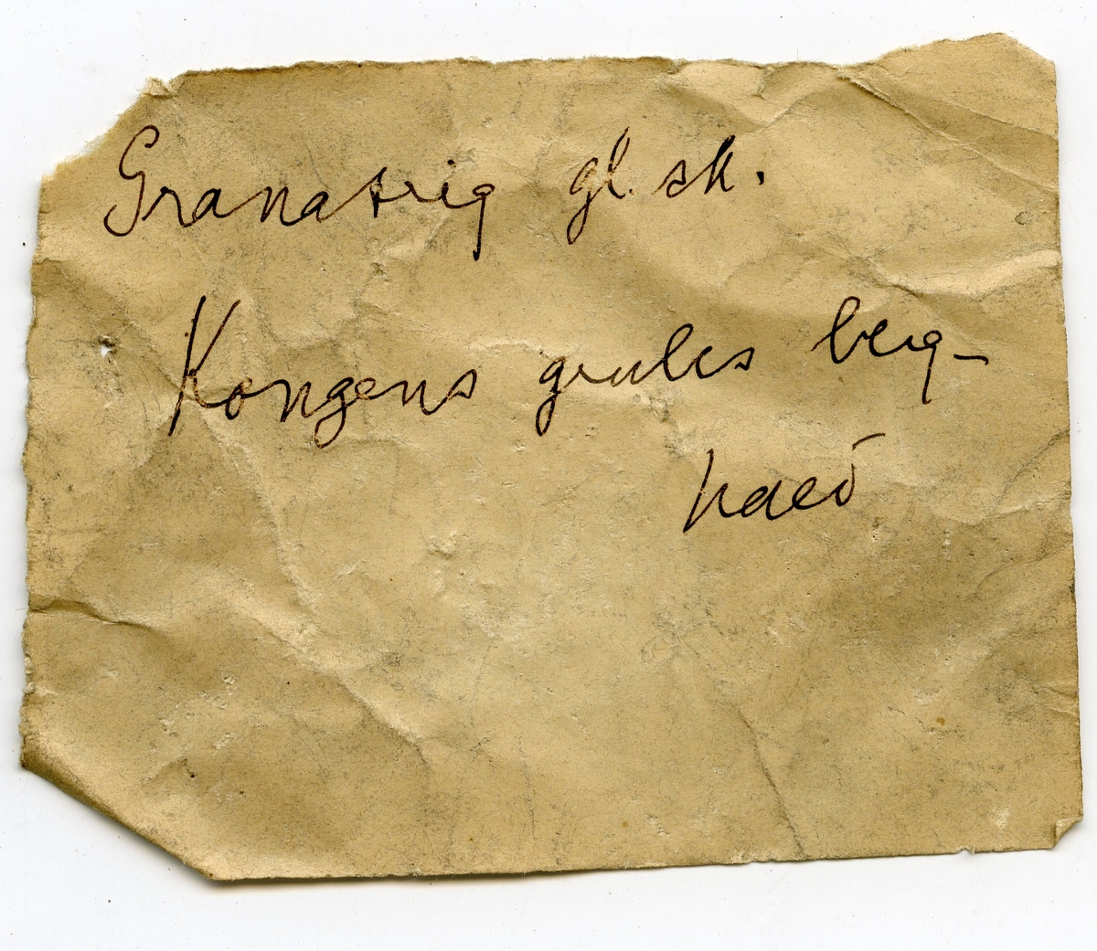 To prøver

Papirlapp i eske:
Granatrig gl. sk.
Kongens grubes berghald