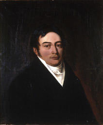 Portrett av John Moses. Mørk drakt, hvit vest, skjorte og halsbind. Rødbrun bakgrunn.