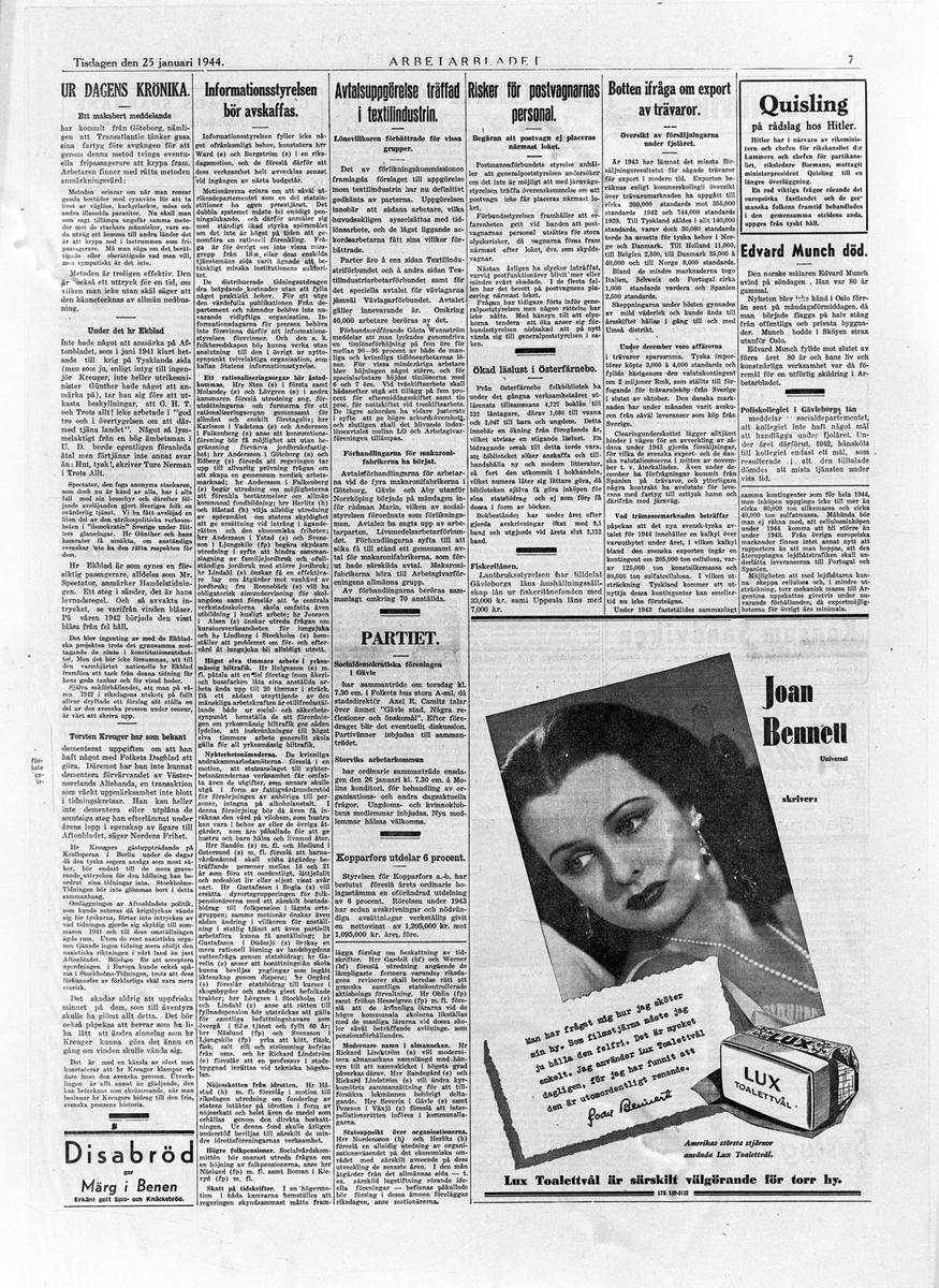 En sida av Arbetarbladet Tisdagen den 25 januari 1944. Bland annat "Dagens Krönika"