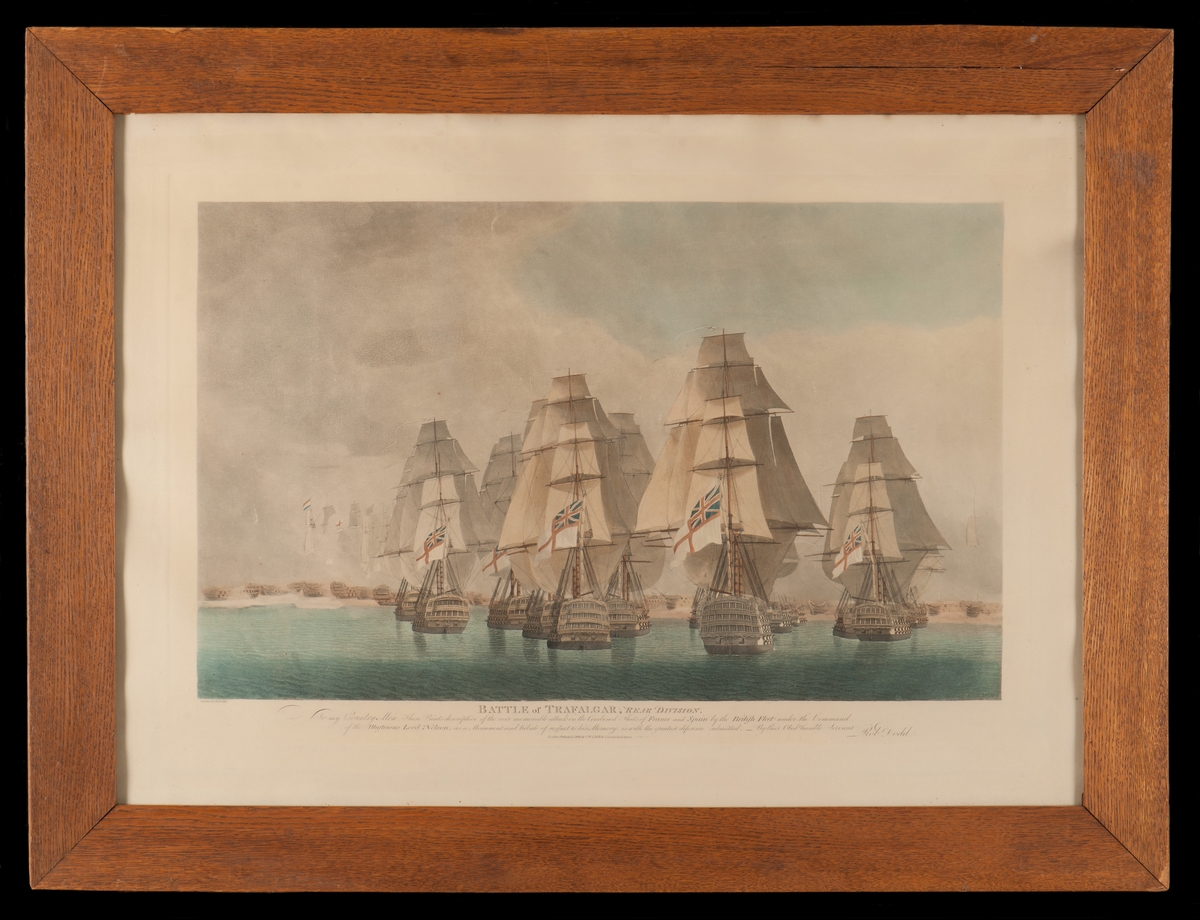 Slaget vid Trafalgar. Engelska linjeskepp, sedda akter i från. I bakgrunden franska och engelska skepp i strid.