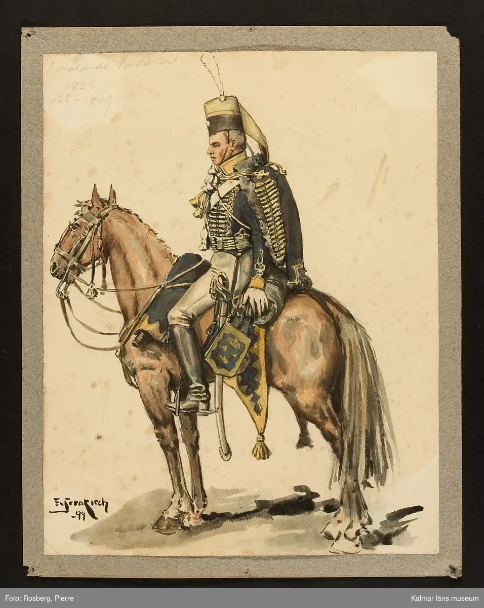 Motiv med husar till häst som visar utrustning, uniform och tillbehör vid Smålands husarregemente 1825. Ryttare och häst ses från sidan.