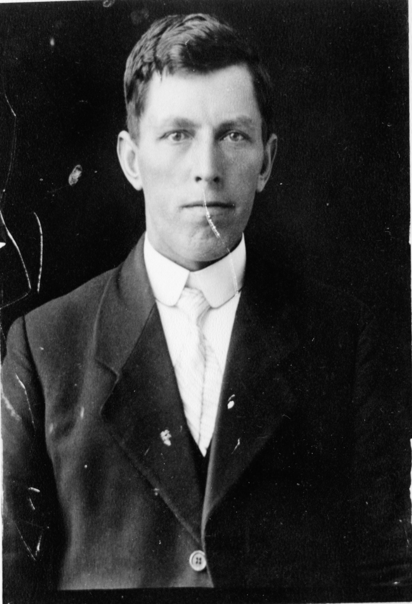 Portrett av Ola Grønseth. Dressjakke, skjorte, slips, knapp, frisyre.