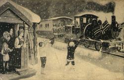 Postkort. Jule- og nyttårshilsen. Flaggsmykket damplokomotiv