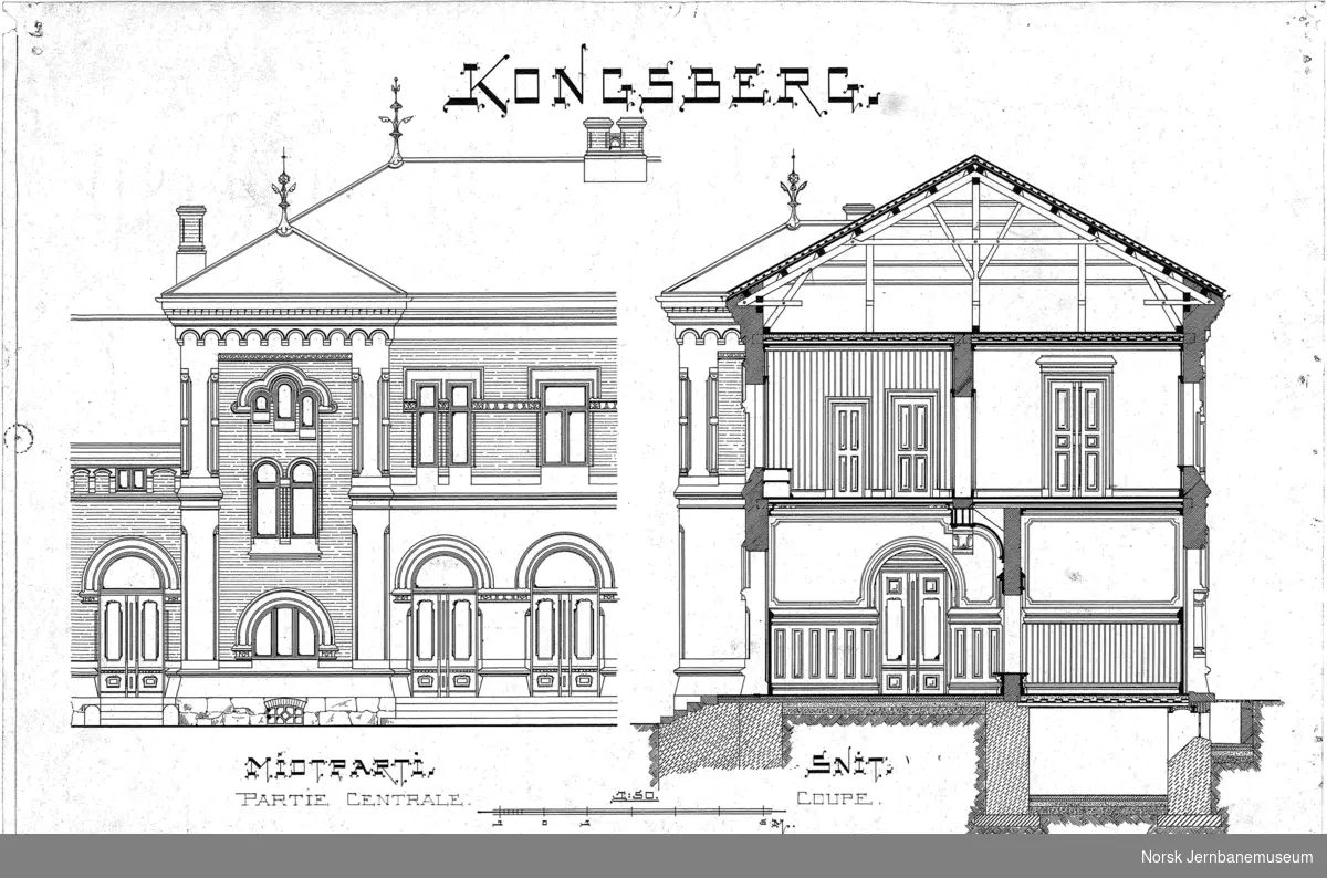 Kongsberg stasjonsbygning, midtparti og snitt