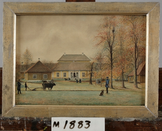 Akvarellmålning på papper.
Oby säteri i Blädinge socken. Corps de logiet brann ner natten 2-3 mars 1888.