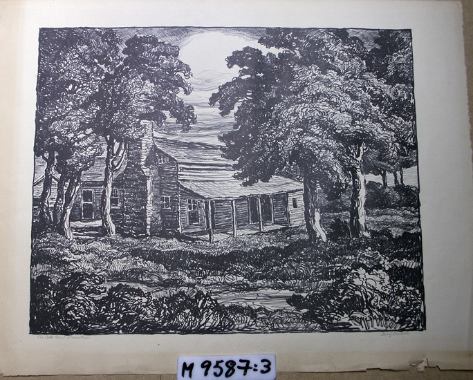 Litografi. 
The Old Cecil Homestead, föreställande en låg byggnad, omgiven 
av kraftiga lummiga träd.