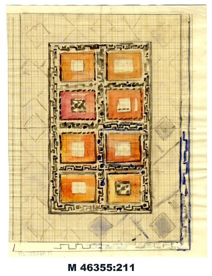 Akvarell på ritpapper.
Förslag till matta.
Rutmönster i ljusrött och orange med inslag i svart 
och vitt. Bård i vitt och mörkblått.
Ej signerad.

Inskrivet i huvudbok 1983.
Montering/Ram: Ej ramad