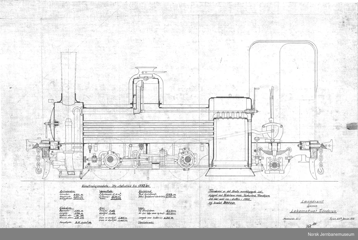 Rekonstruert hovedtegning av lokomotivet "Trønderen" etter oppmåling i 1913
1130-7 T1858 Utvendig utseende, side og front
1130-8 T1842 Snitt på langs
1130-9 T1858 og 1842 sammensatt