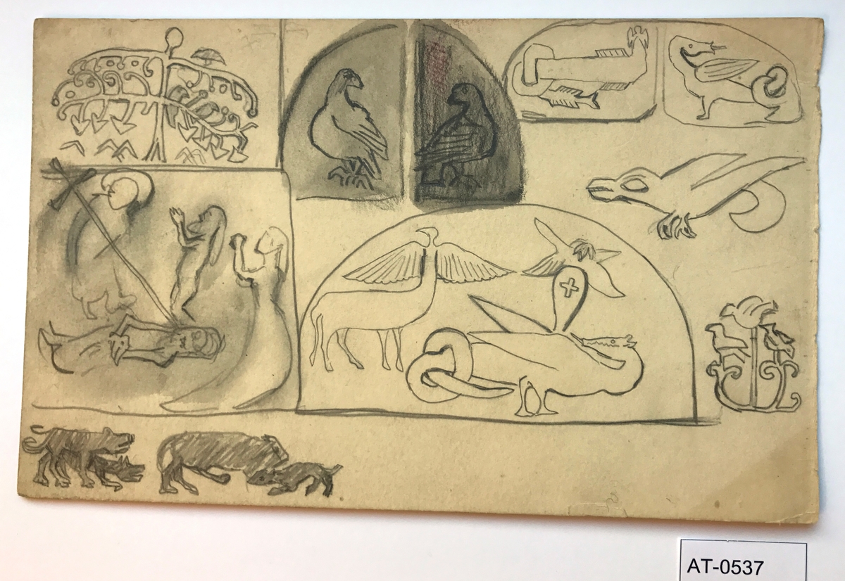 Åtte stiliserte skisser av dyr og planter og ei religiøs scene [Tegning]