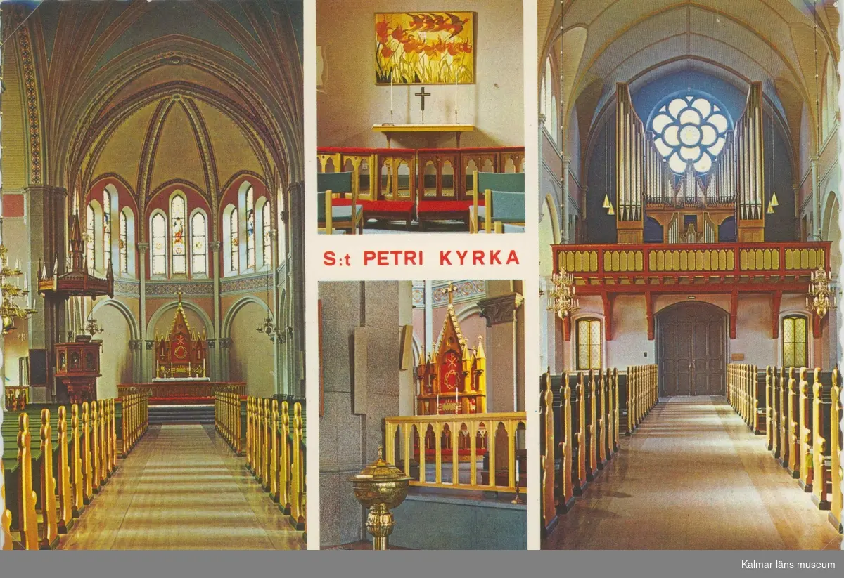 Vykort med interiör från Sankt Petri kyrka i Västervik.
