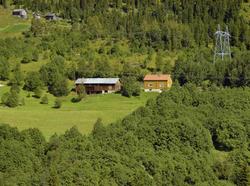 Fonstadbakken. Gulbrunt bolighus og rødbrunt uthus. Litt dyr