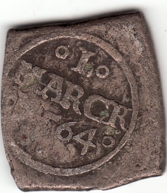 Firkantet blankett, Klipping. Advers: Frederik II s monogram i kronet skjold.
Revers: I MARCK (1)564