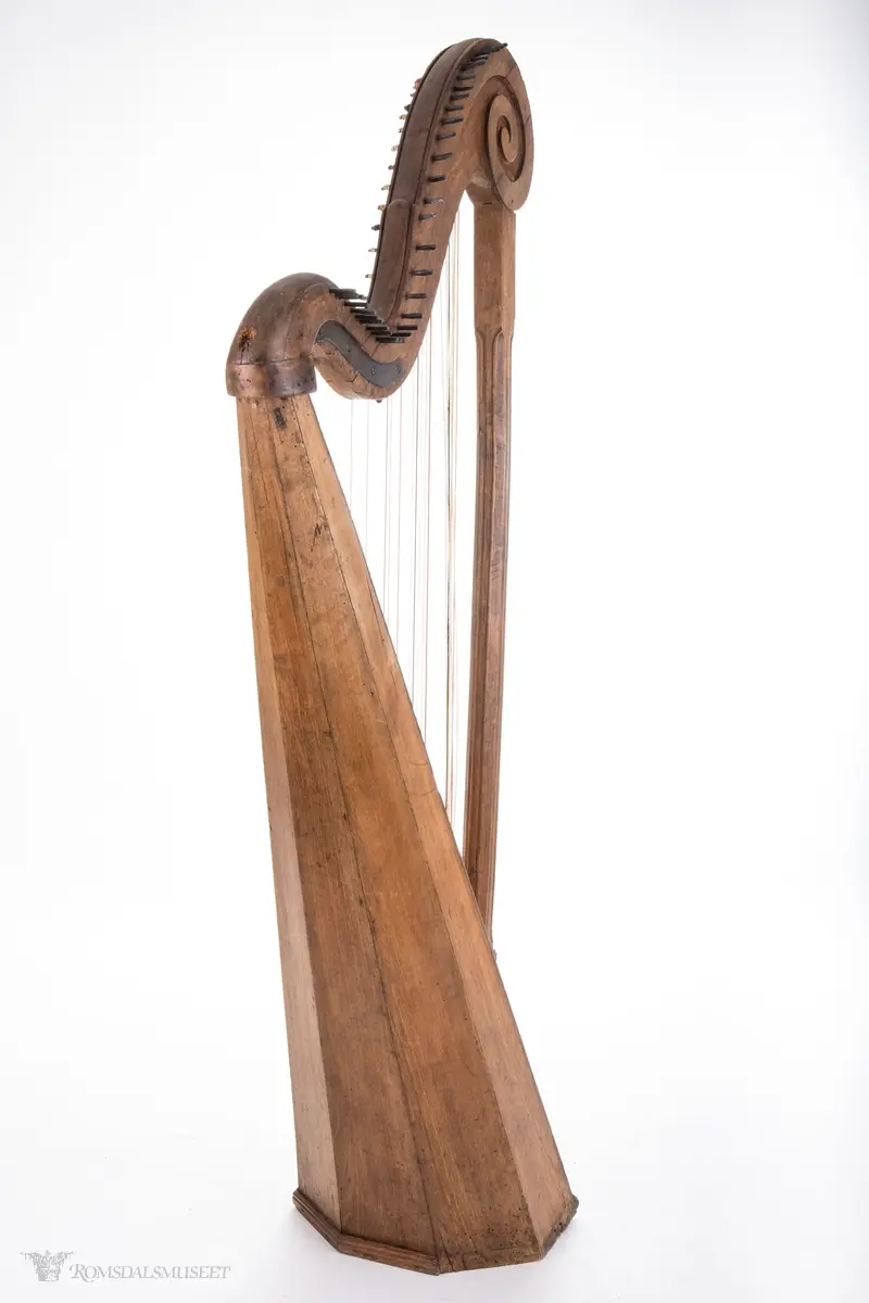 Trekantform, bare rammen. 36 strenger. Ingen pedaler eller stemmekroker. Harpen mangler strenger og har ingen fotpdedaler. Den er etter måten enkel i form og utsmykning.