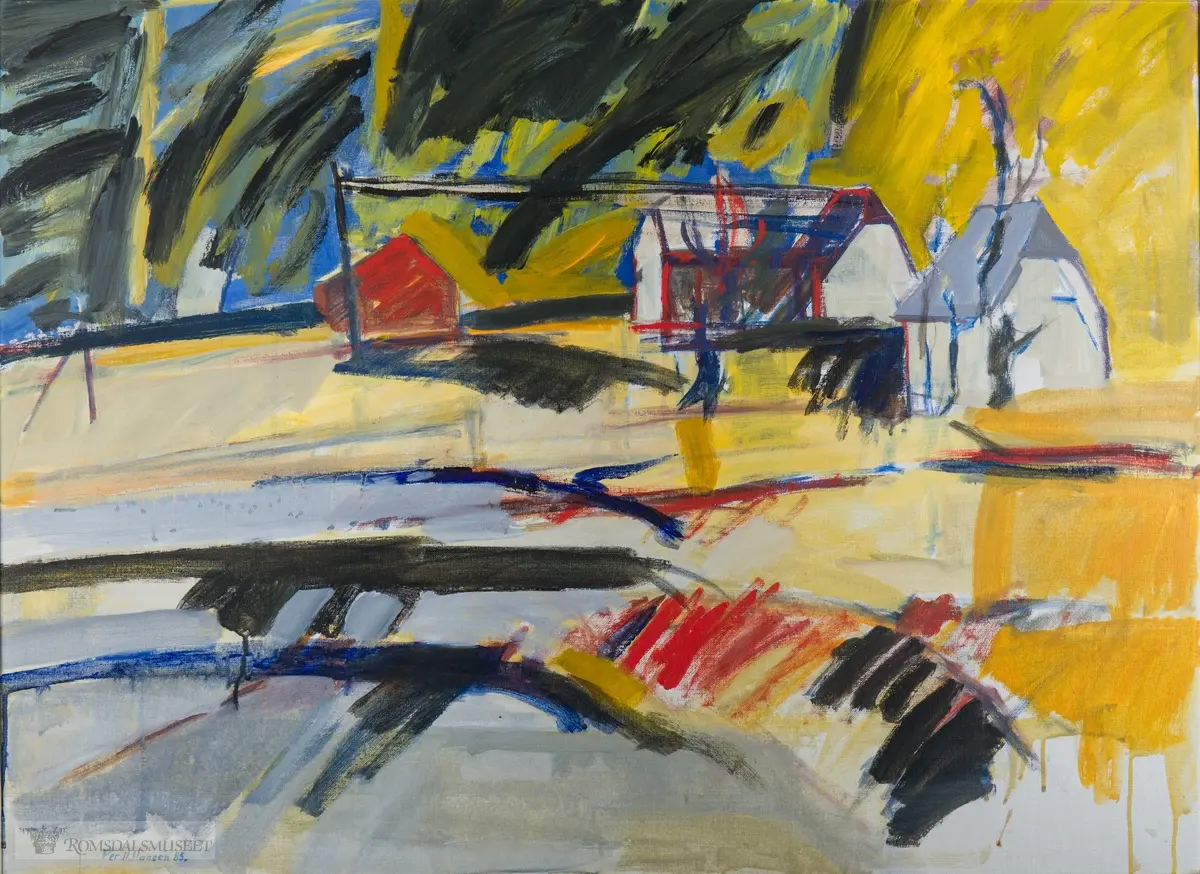 Et hus med uthus og naust plassert i et abstrakt fargerikt landskap.