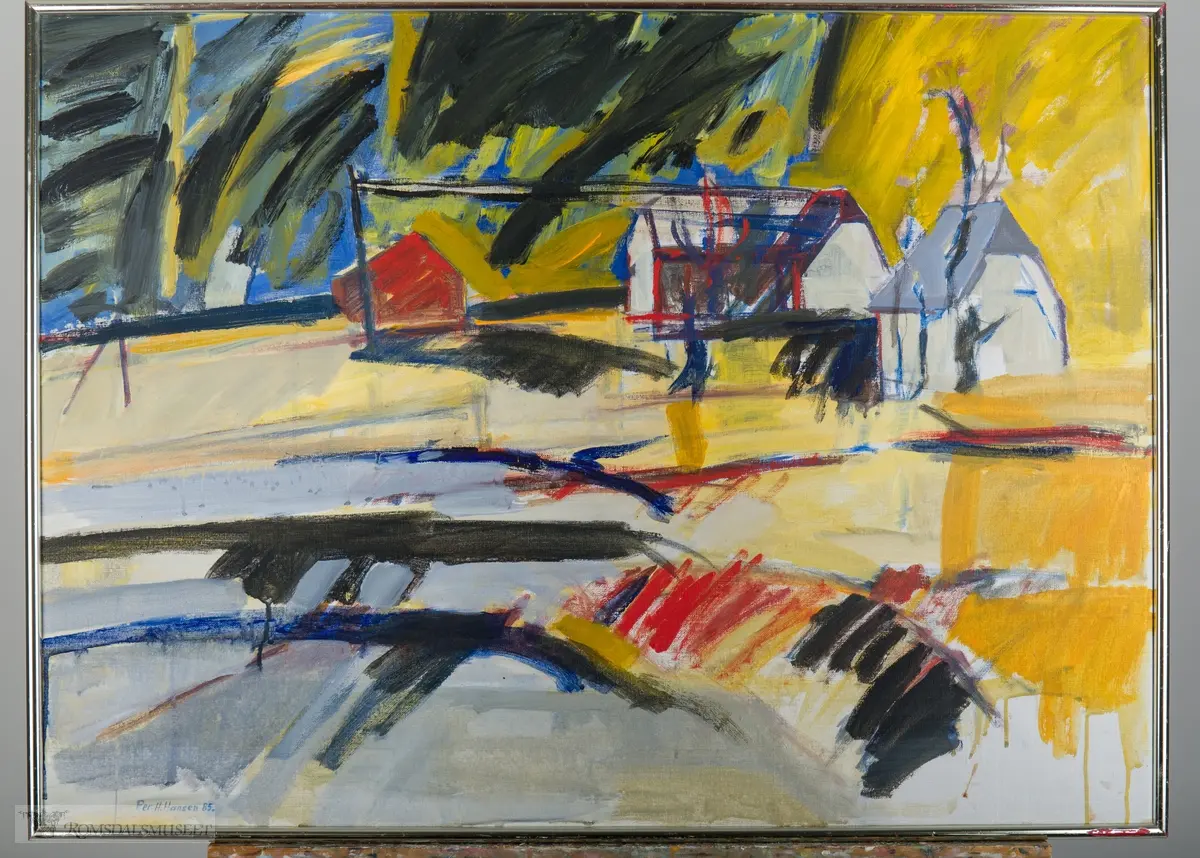 Et hus med uthus og naust plassert i et abstrakt fargerikt landskap.