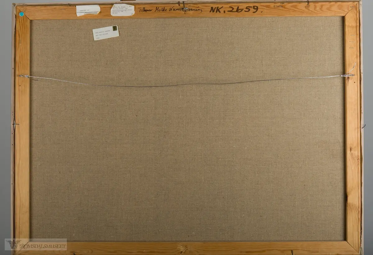 Et hus med uthus og naust plassert i et abstrakt fargerikt landskap.