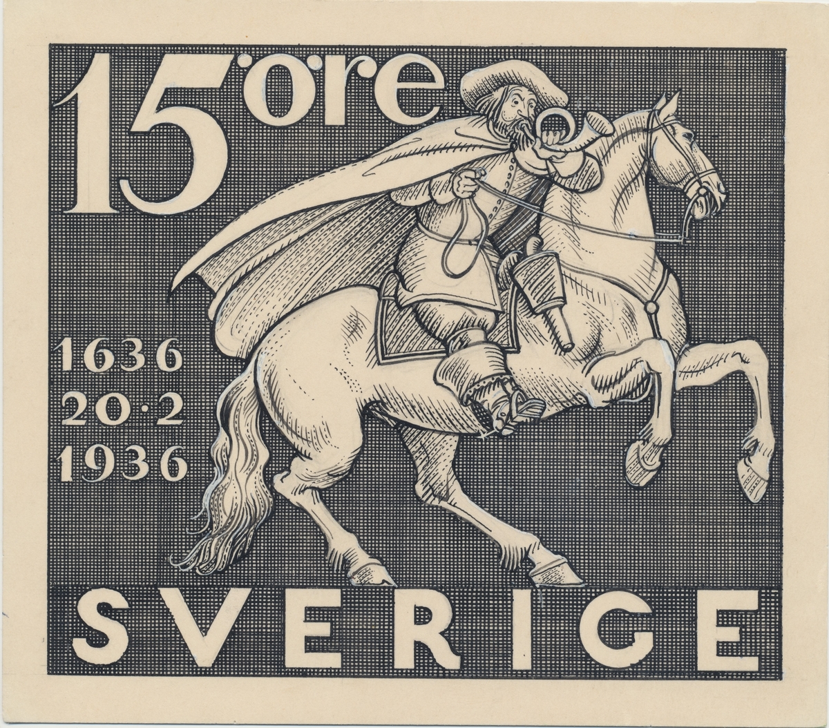 Förlagor från år 1936 som verkar som underlag till frimärket Postverket 300 år.