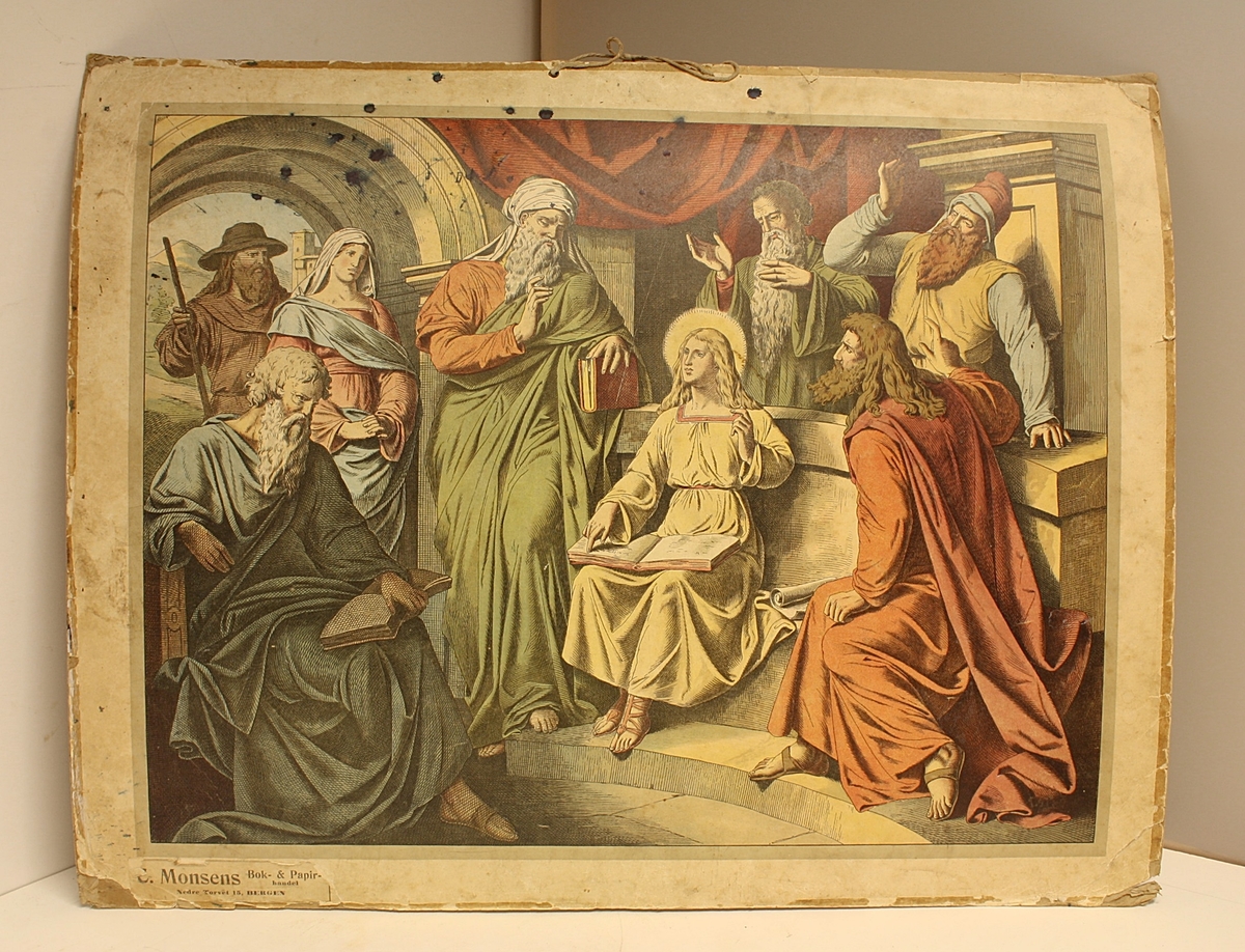 Rektangulær plakat. Åtte personer i en byggning. Jesus med en åpen bok. Noe blekkflekker.