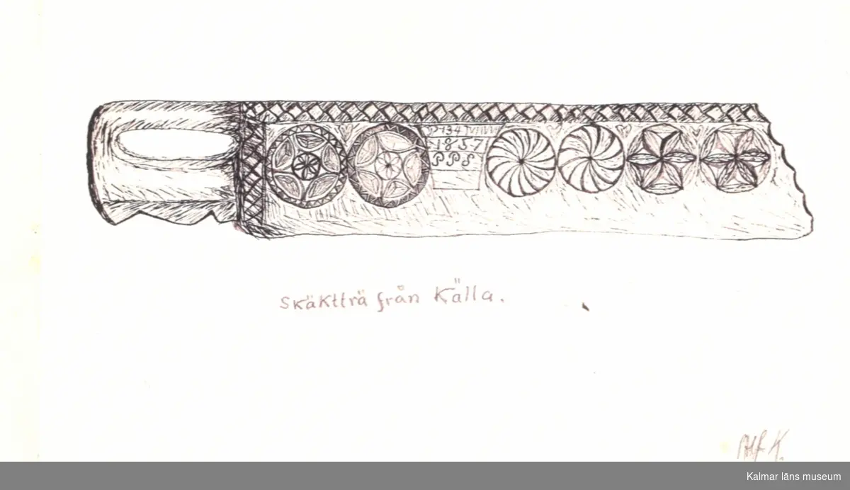 Skäktträ från Källa (text på teckningen). 
Skäktkniv från Källa. Teckning överlämnad 1938 av pastor J Hultskog.
Tecknare Alf K.