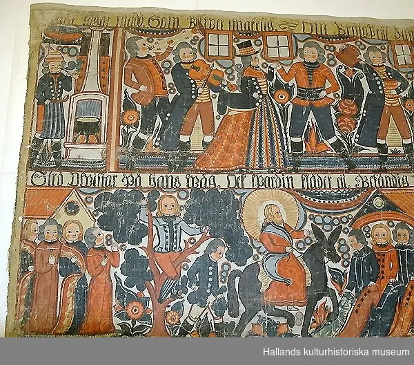 Bonadsmålning på väv. Bröllopet i Kana målad 1814. Motiv: Bröllopet i Kana. Bonadens övre bildserie visar från vänster en kock vid spisen, två musicerande män, ett dansande par, åtta personer som äter från det dignande matbordet varav den siste föreställer Jesus med gloria runt huvudet. Undre bildserien visar från vänster fyra män i en grupp, en man i ett träd, en man som bugar sig, Jesus ridande på en åsna, tre män som håller sina ytterkläder i händerna, slutligen tre hus.