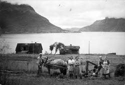 Kvinner, menn og hest med nykjøpt slåmaskin.