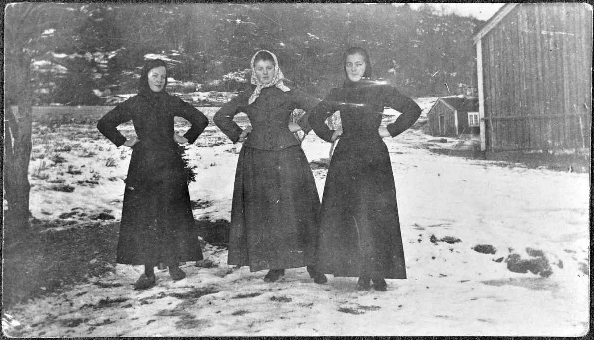 Tre damer ute på tunet på Bliksås, Stadsbygd