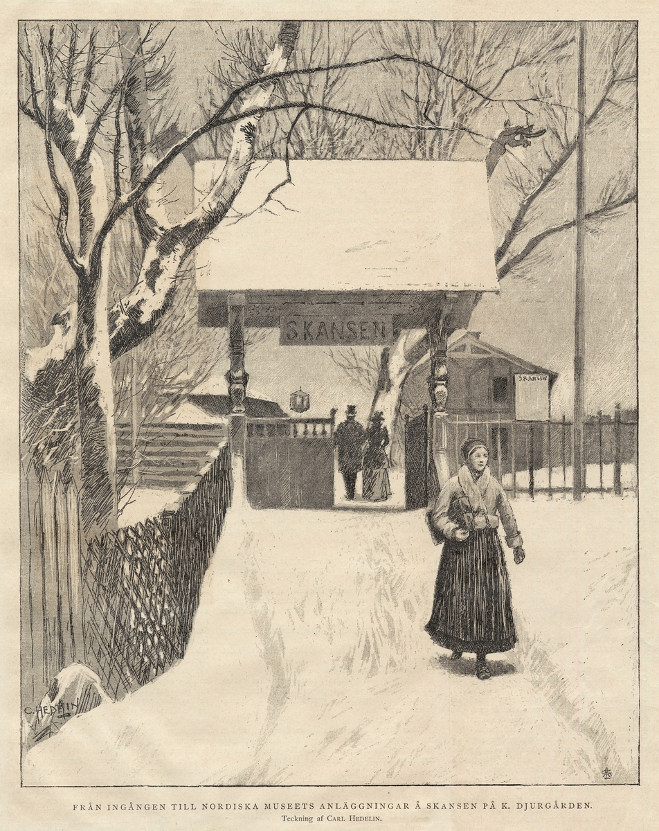 Teckning av Carl Hedelin i Ny illustrerad tidning nr 3 1892 23/1. ”Från ingången till Nordiska museets anläggningar å Skansen på K. Djurgården”.