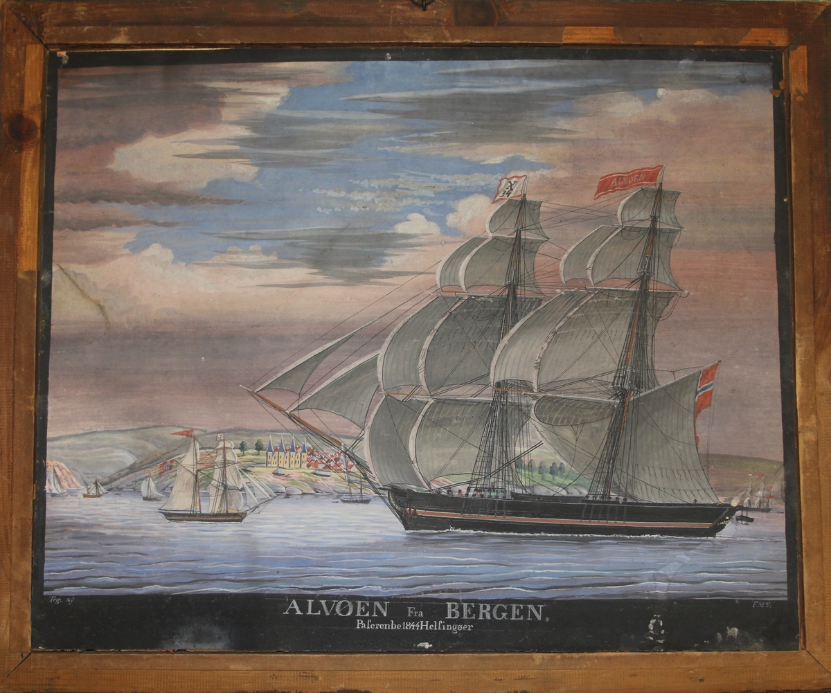 Briggen ALVØEN sees paserende Helsingør i 1844. En skonnertbrigg som også fører X-flagg og diverse andre småfartøyer sees også.