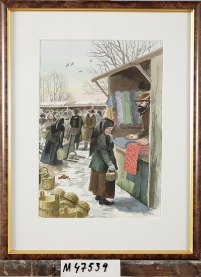 Akvarellmålning.
Motivet föreställer en liten flicka, klädd i grön kappa, brun kjol 
och en svart sjalett, som står framför ett marknadsstånd med tyger. 
I bakgrunden syns marknadsbesökare och marknadsstånd.