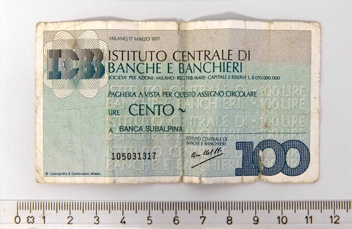 100 Lire,  ITALIA,  1977.

Form:  Rektangulær