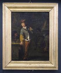 En mand med en Papegøie paa Fingeren ved Lys [Oljemaleri]