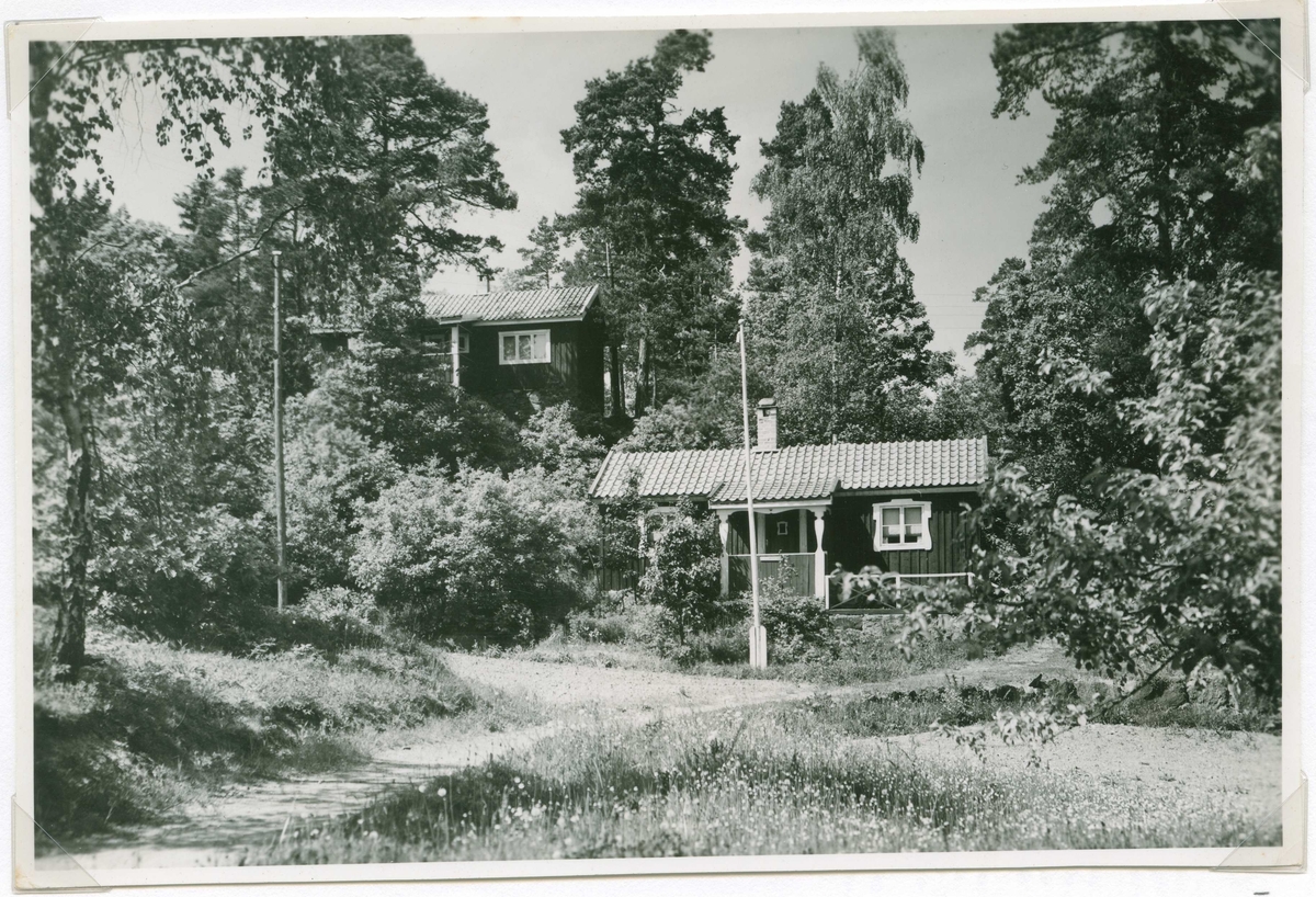 Vy på  Hjorted Misterhults s.n, Mörtfors badort, stugor med omgivande träd.