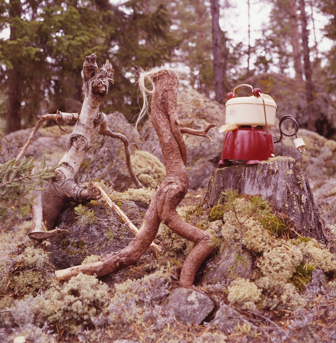 Trätrollet Skrälla Skrälle ute i skogen med en annan träfigur. På en stubbe står en elektrisk apparat av något slag.
