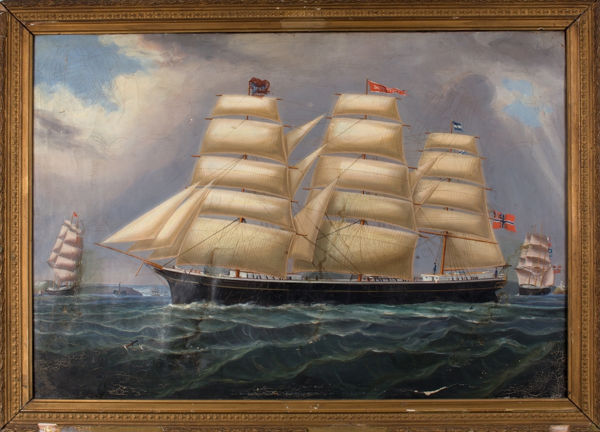 Skipsportrett av fullrigger Jacob Trumpy med full seilføring. Samme skip sees fra tre ulike vinkler. Fører vimpel med skipets navn i stormasten og unionsflagg i mesanmasten.