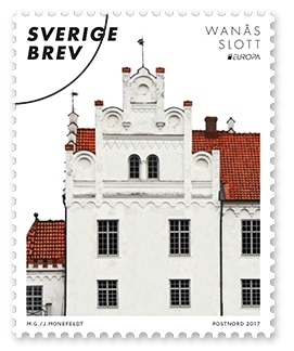 2 frimärken i ett miniark med motiv av och från Wanås slott i Skåne. Valör Brev, 7 kr.