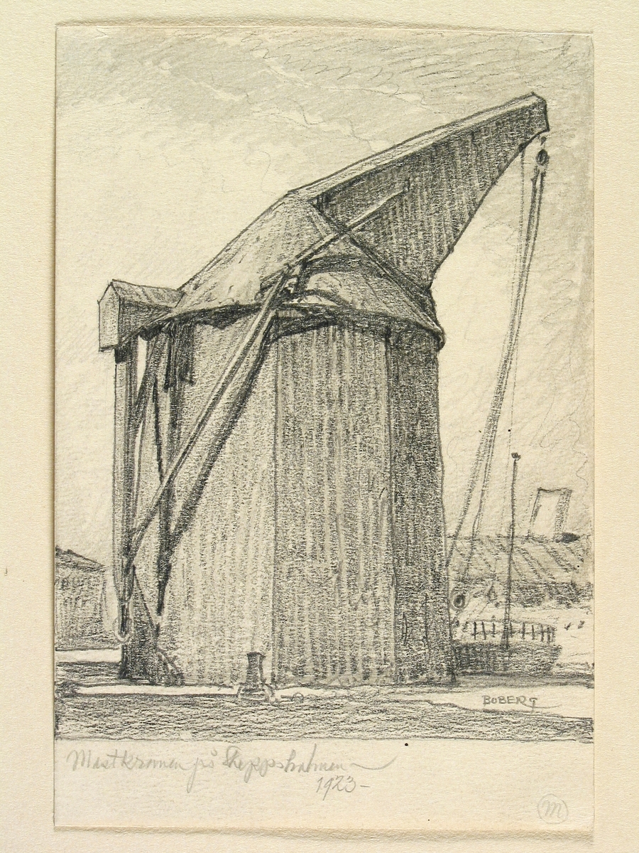 Teckning av Ferdinand Boberg. Stockholm, Norrmalm,  texten lyder: "Mastkranen på Skeppsholmen, 1923"