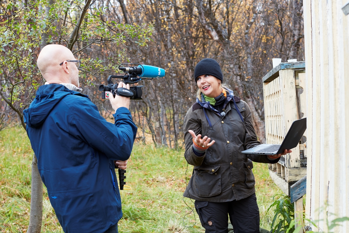 Birte Sandvik intervjues av NRK Finnmark om gjenreisningshuset fra Russenes i Olderfjord som skal gjenoppføres på Norsk Folkemuseum.